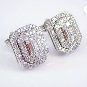 Emerald Cut Double Halo Earrings. 925
